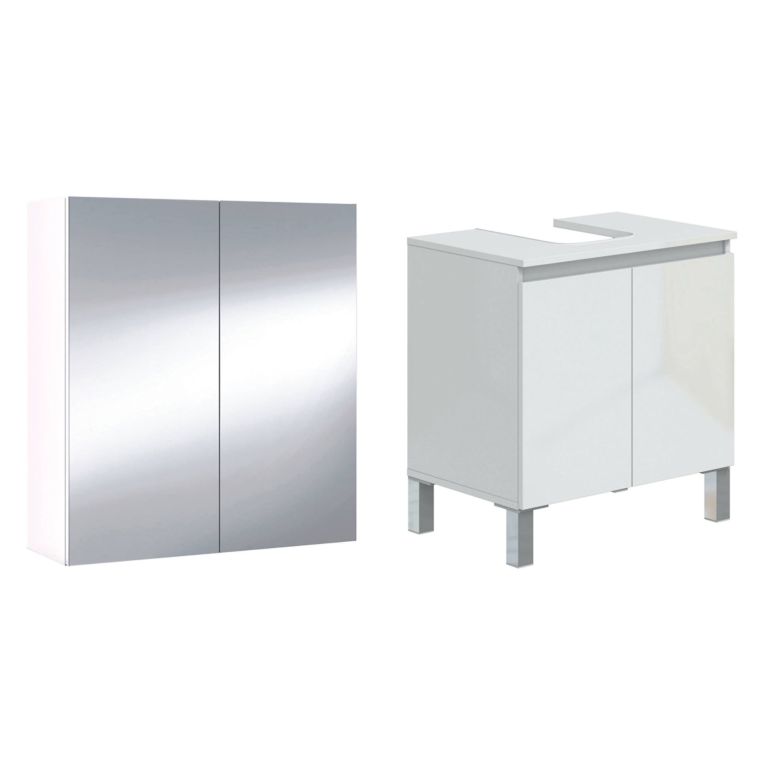 Set Mobili Bagno Bianco Lucido Specchio Incluso 3 Ripiani, 4 Ante - Vobbia