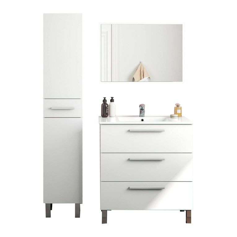 Set Mobili Bagno Bianco Lucido Specchio Incluso 4 Cassetti, 2 Ripiani - Florinas