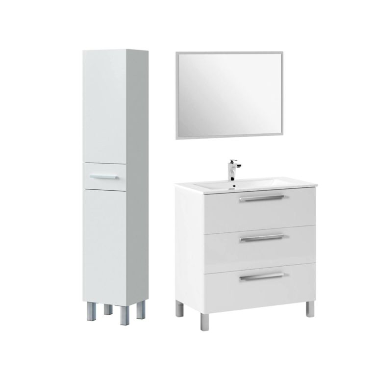 Set Mobili Bagno Bianco Lucido Specchio Incluso 4 Cassetti, 2 Ripiani - Florinas