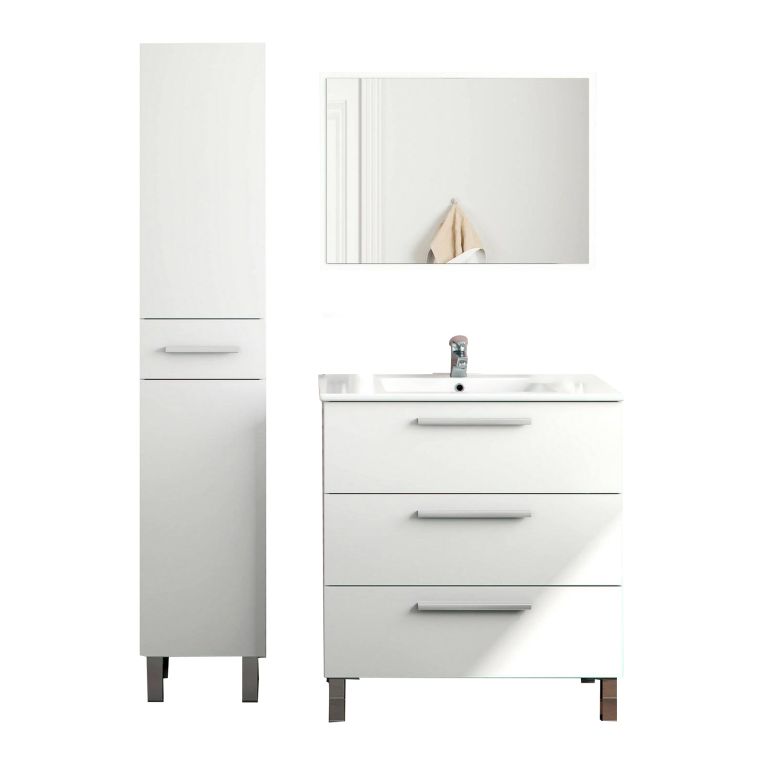 Set Mobili Bagno Bianco Lucido Specchio Incluso 4 Cassetti, 2 Ripiani - Florinas