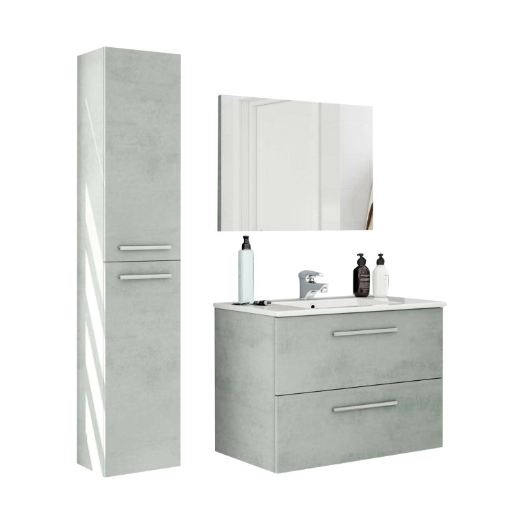 Set Mobili Bagno Grigio Cemento Specchio Incluso 2 Cassetti, 2 Ripiani - Ricadi
