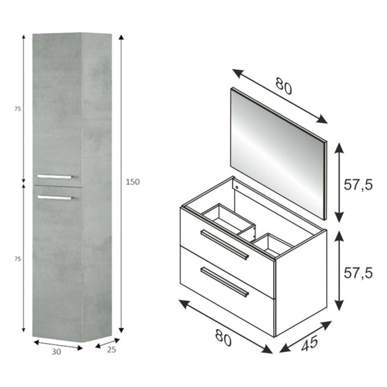 Set Mobili Bagno Grigio Cemento Specchio Incluso 2 Cassetti, 2 Ripiani - Ricadi
