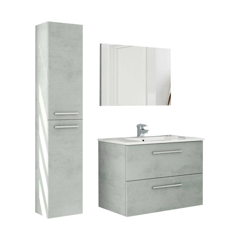 Set Mobili Bagno Grigio Cemento Specchio Incluso 2 Cassetti, 2 Ripiani - Ricadi