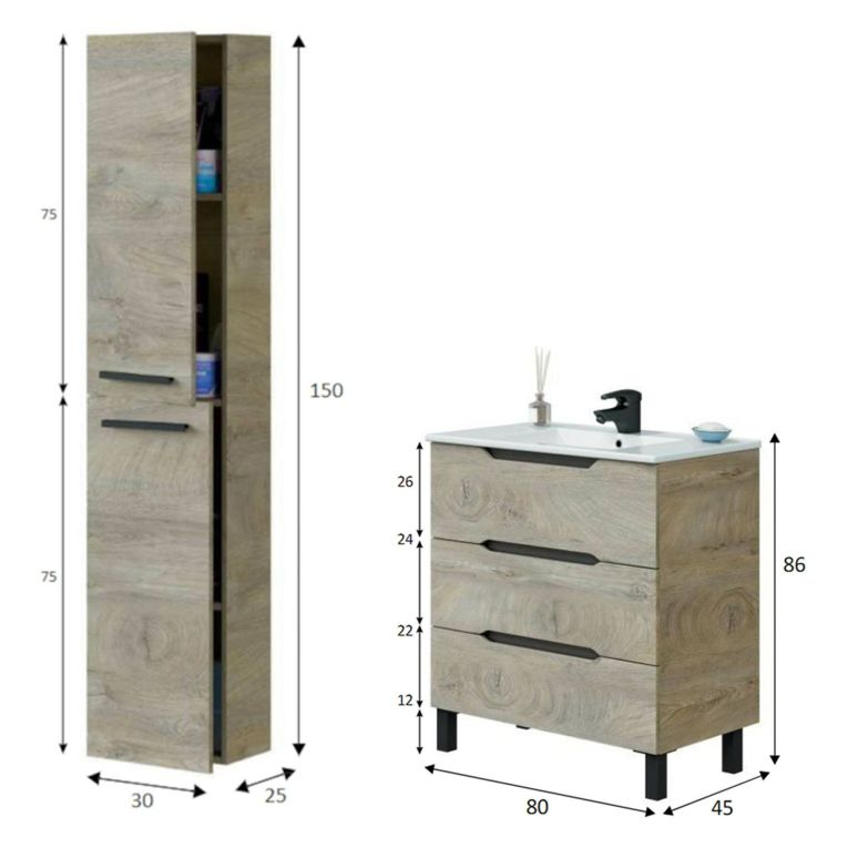 Set Mobili Bagno Marrone Quercia 3 Cassetti 2 Ripiani, 2 Ante - Sortino