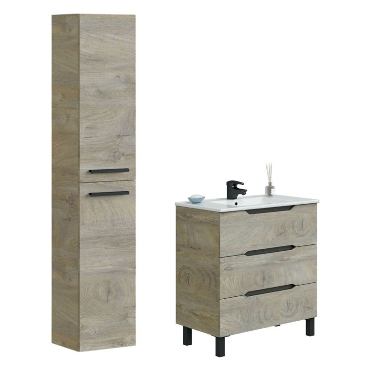 Set Mobili Bagno Marrone Quercia 3 Cassetti 2 Ripiani, 2 Ante - Sortino