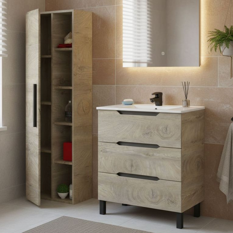 Set Mobili Bagno Marrone Quercia 3 Cassetti 7 Ripiani, Un'anta - Laterza