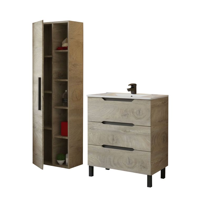 Set Mobili Bagno Marrone Quercia 3 Cassetti 7 Ripiani, Un'anta - Laterza