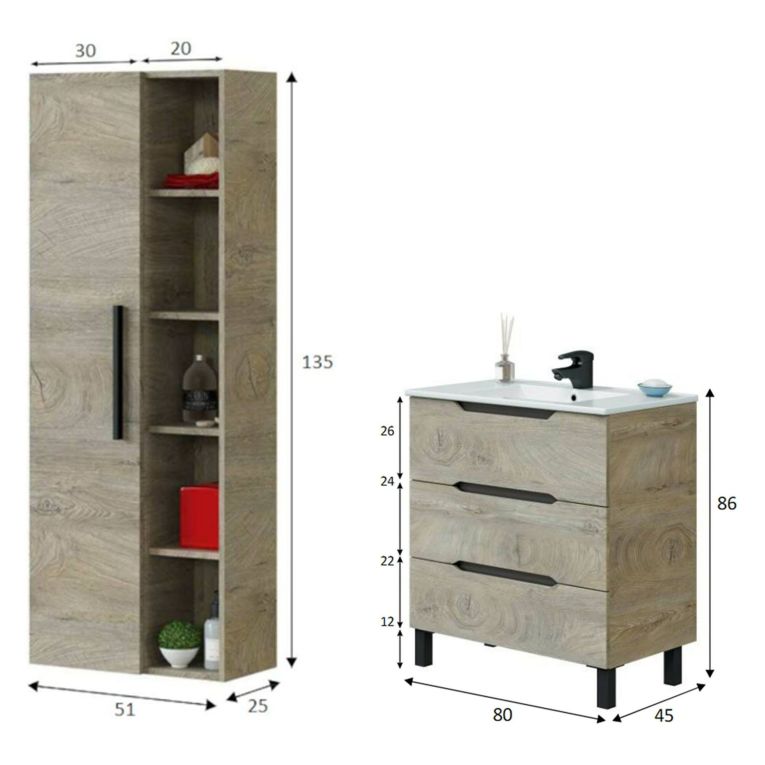Set Mobili Bagno Marrone Quercia 3 Cassetti 7 Ripiani, Un'anta - Laterza
