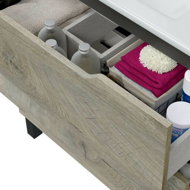 Set Mobili Bagno Marrone Quercia 3 Cassetti 7 Ripiani, Un'anta - Laterza