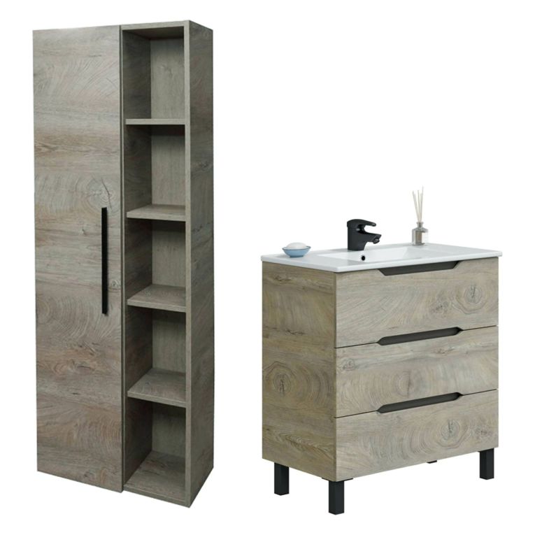 Set Mobili Bagno Marrone Quercia 3 Cassetti 7 Ripiani, Un'anta - Laterza