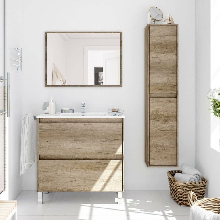 Set Mobili Bagno Marrone Quercia Specchio Incluso 2 Cassetti, 2 Ripiani - Moncalvo
