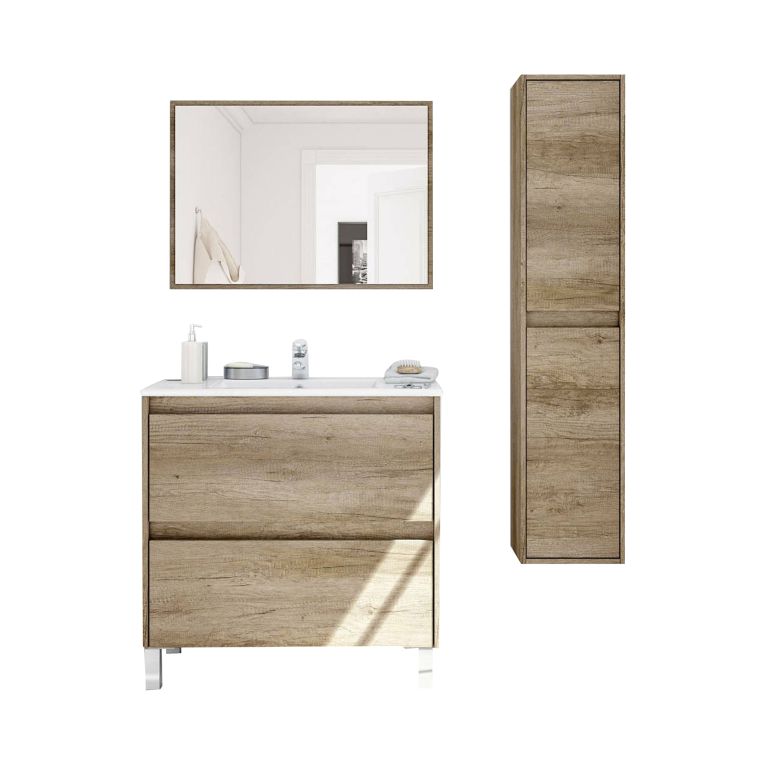 Set Mobili Bagno Marrone Quercia Specchio Incluso 2 Cassetti, 2 Ripiani - Moncalvo