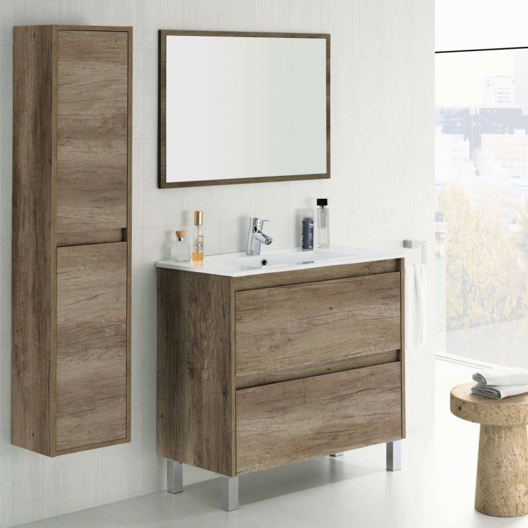 Set Mobili Bagno Marrone Quercia Specchio Incluso 2 Cassetti, 2 Ripiani - Moncalvo
