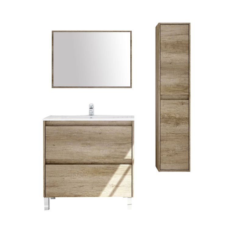 Set Mobili Bagno Marrone Quercia Specchio Incluso 2 Cassetti, 2 Ripiani - Moncalvo