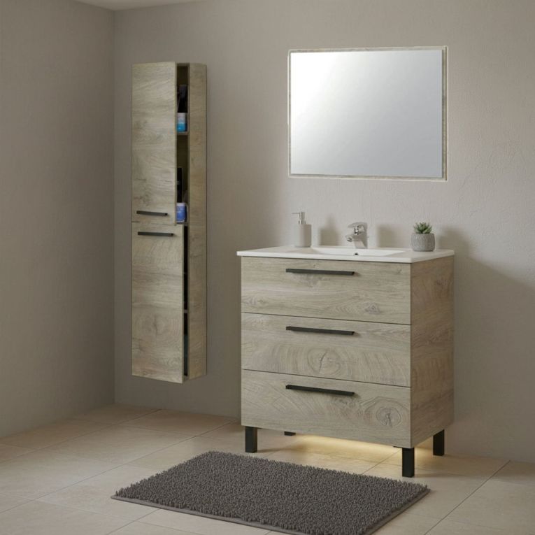 Set Mobili Bagno Marrone Quercia Specchio Incluso 3 Cassetti, 2 Ripiani - Corbola
