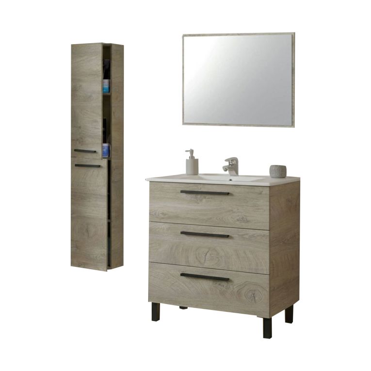 Set Mobili Bagno Marrone Quercia Specchio Incluso 3 Cassetti, 2 Ripiani - Corbola
