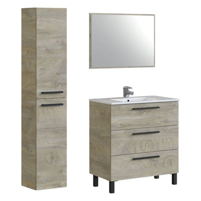 Set Mobili Bagno Marrone Quercia Specchio Incluso 3 Cassetti, 2 Ripiani - Corbola