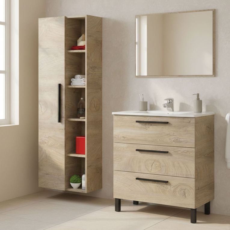 Set Mobili Bagno Marrone Quercia Specchio Incluso 3 Cassetti, 7 Ripiani - Rosate