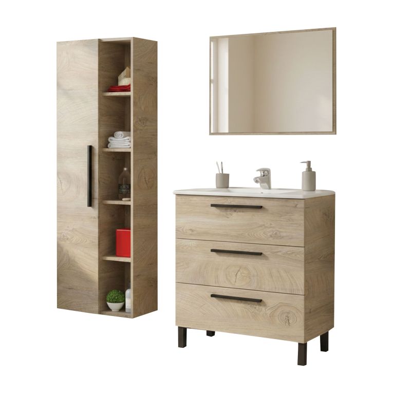 Set Mobili Bagno Marrone Quercia Specchio Incluso 3 Cassetti, 7 Ripiani - Rosate