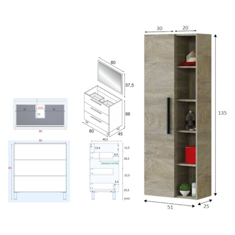 Set Mobili Bagno Marrone Quercia Specchio Incluso 3 Cassetti, 7 Ripiani - Rosate