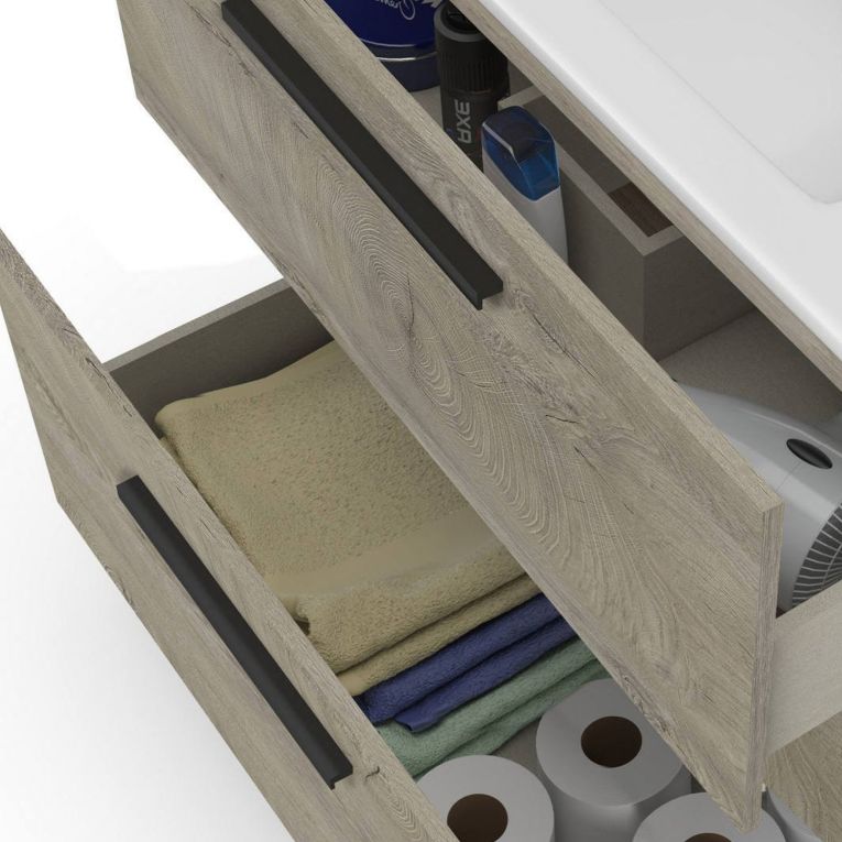 Set Mobili Bagno Marrone Quercia Specchio Incluso 3 Cassetti, 7 Ripiani - Rosate