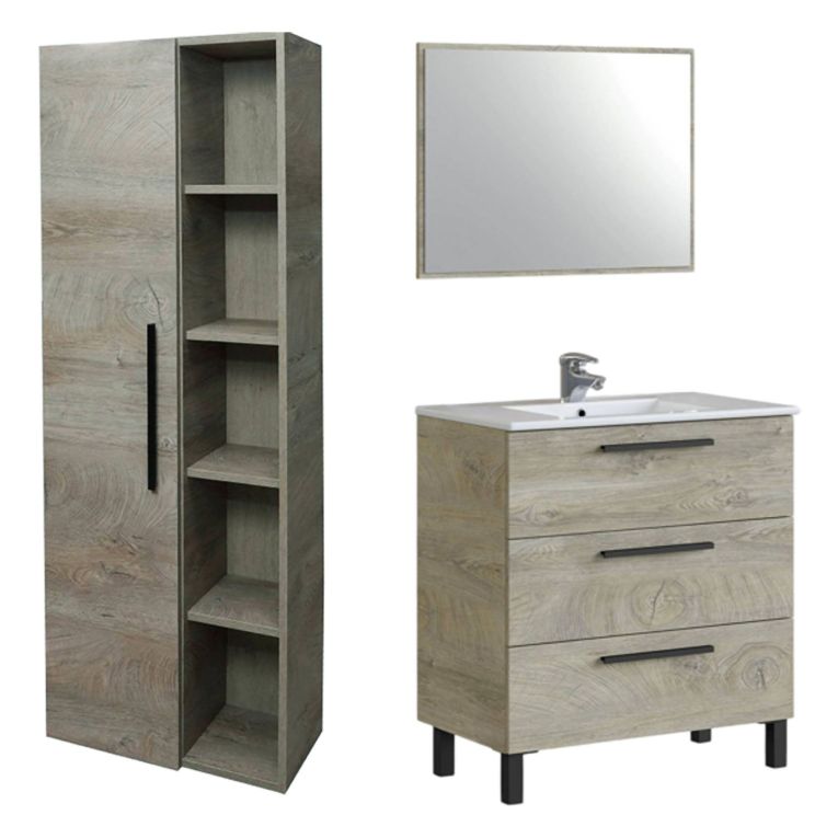 Set Mobili Bagno Marrone Quercia Specchio Incluso 3 Cassetti, 7 Ripiani - Rosate