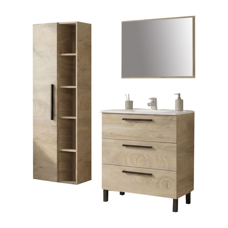 Set Mobili Bagno Marrone Quercia Specchio Incluso 3 Cassetti, 7 Ripiani - Rosate
