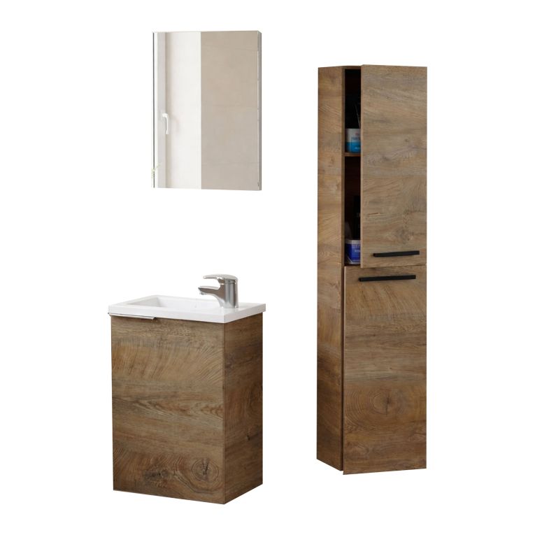 Set Mobili Bagno Marrone Quercia Specchio Incluso 3 Ripiani, 3 Ante - Osnago