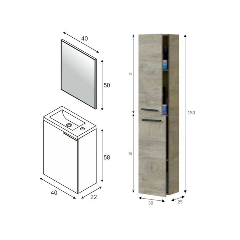 Set Mobili Bagno Marrone Quercia Specchio Incluso 3 Ripiani, 3 Ante - Osnago