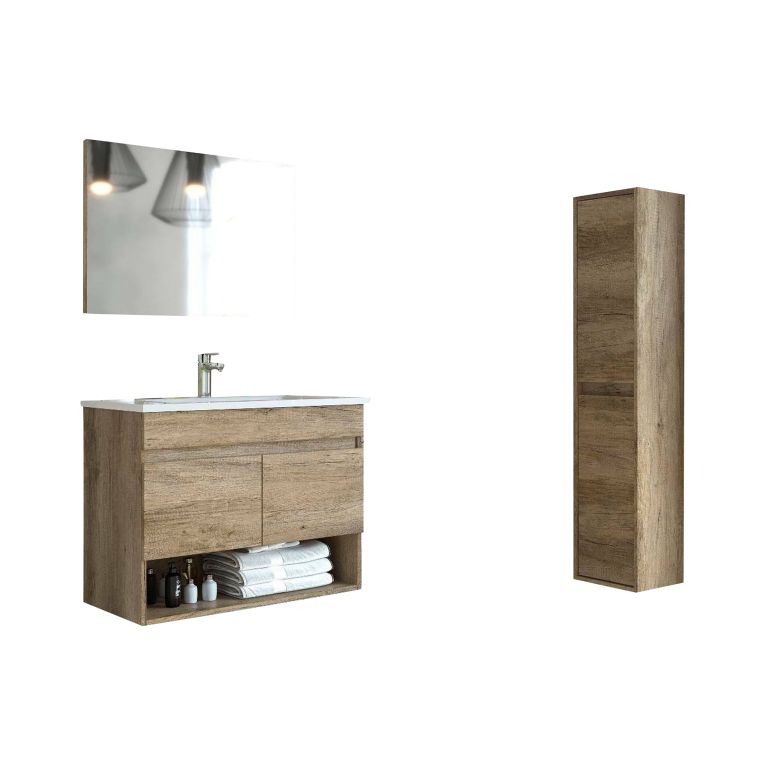 Set Mobili Bagno Marrone Quercia Specchio Incluso 4 Ripiani, 4 Ante - Sassola