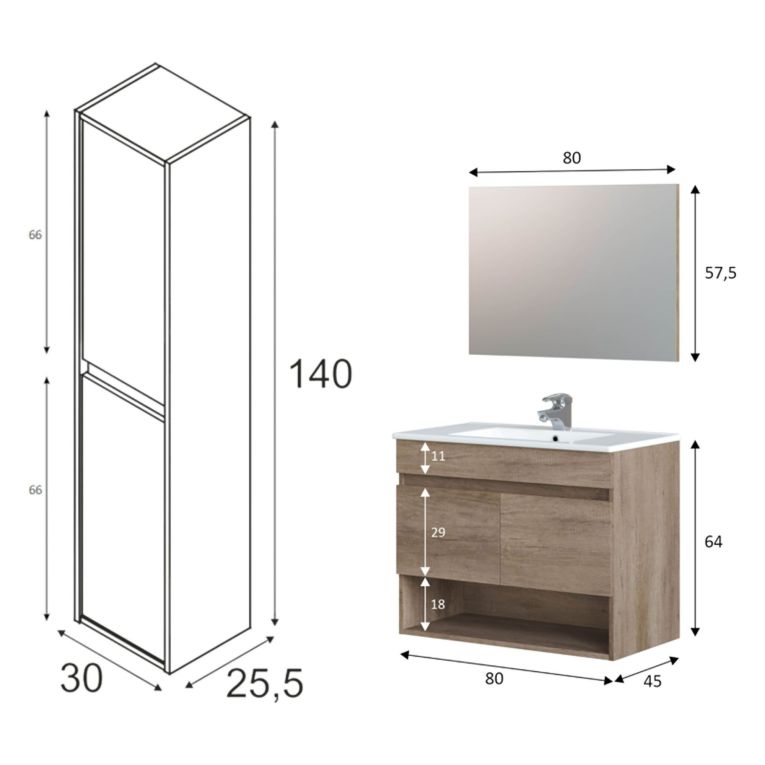 Set Mobili Bagno Marrone Quercia Specchio Incluso 4 Ripiani, 4 Ante - Sassola
