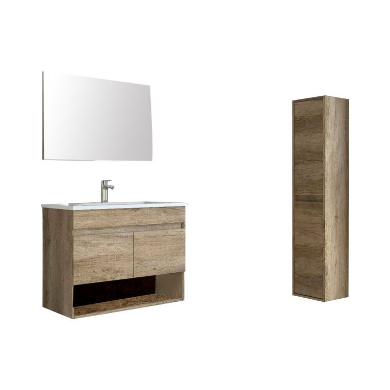 Set Mobili Bagno Marrone Quercia Specchio Incluso 4 Ripiani, 4 Ante - Sassola
