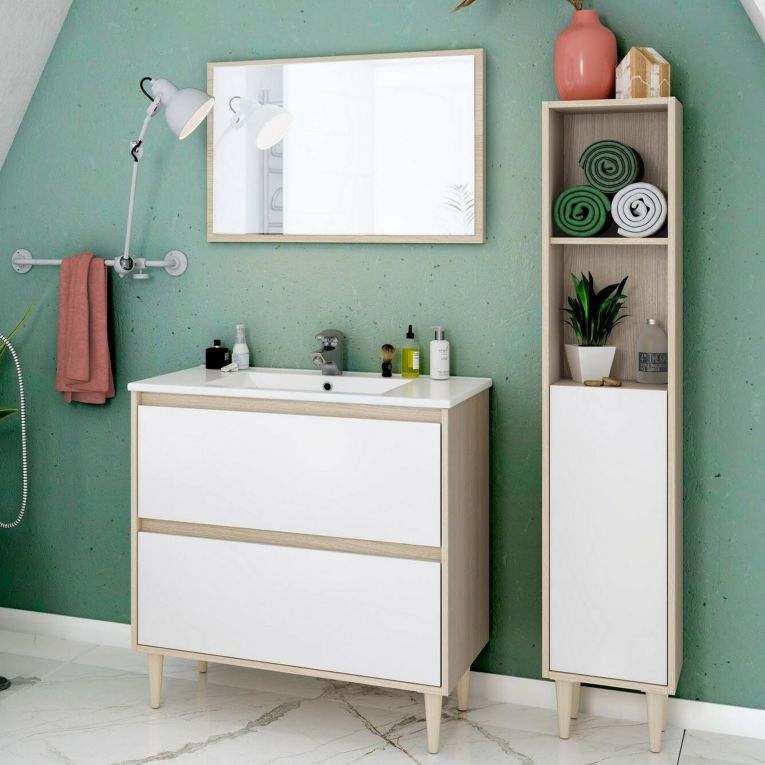 Set Mobili Bagno Marrone Rovere Bianco Lucido Specchio Incluso 2 Cassetti, 2 Ripiani - Renon