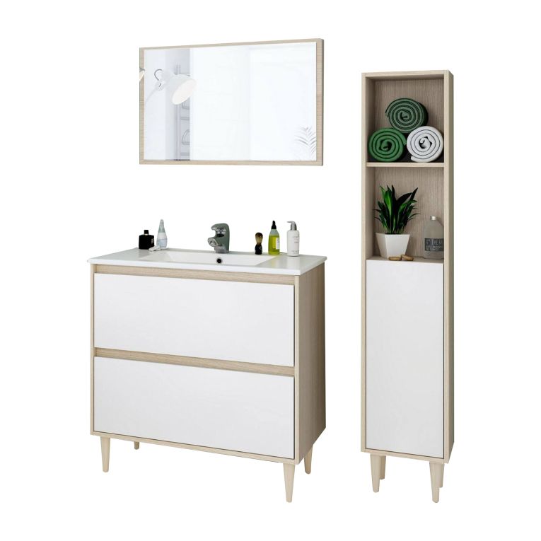 Set Mobili Bagno Marrone Rovere Bianco Lucido Specchio Incluso 2 Cassetti, 2 Ripiani - Renon