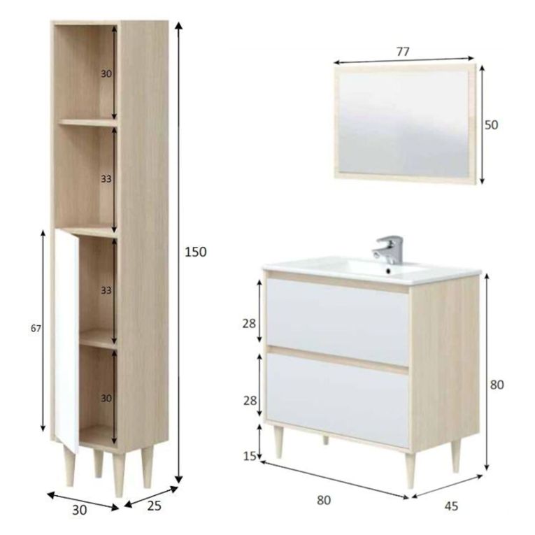 Set Mobili Bagno Marrone Rovere Bianco Lucido Specchio Incluso 2 Cassetti, 2 Ripiani - Renon