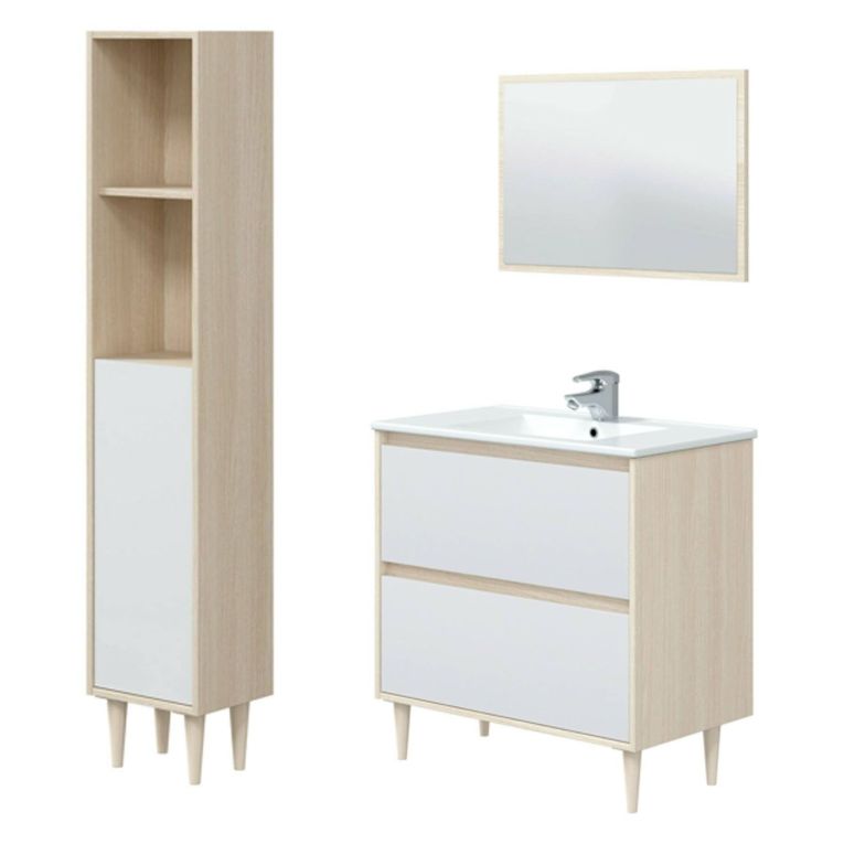 Set Mobili Bagno Marrone Rovere Bianco Lucido Specchio Incluso 2 Cassetti, 2 Ripiani - Renon