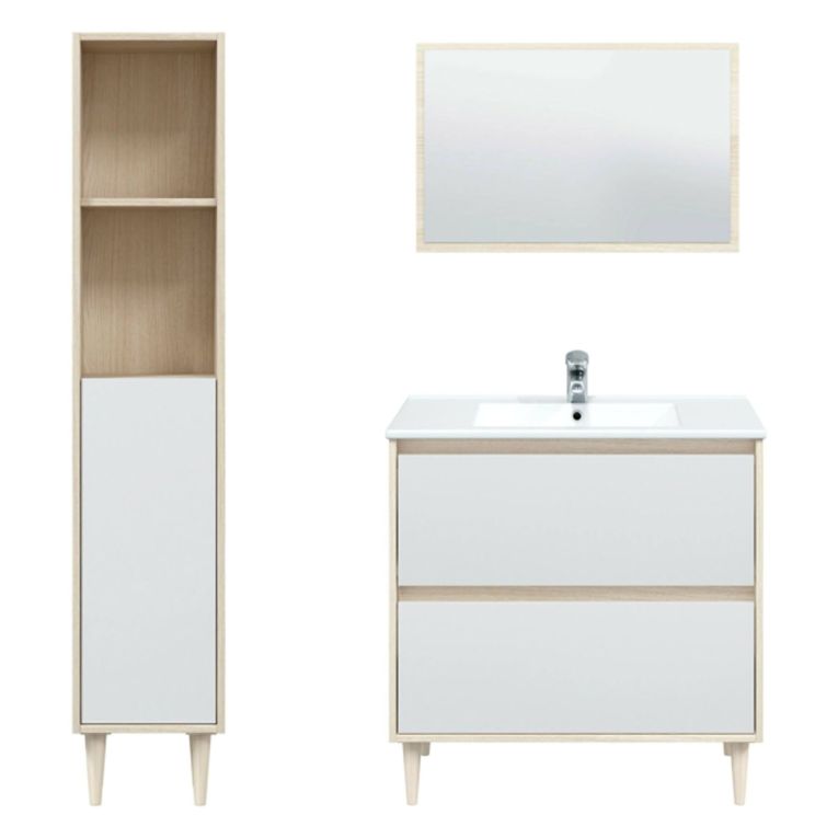 Set Mobili Bagno Marrone Rovere Bianco Lucido Specchio Incluso 2 Cassetti, 2 Ripiani - Renon