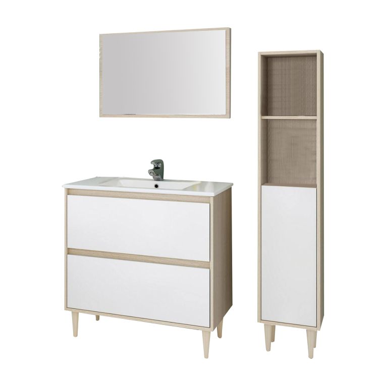 Set Mobili Bagno Marrone Rovere Bianco Lucido Specchio Incluso 2 Cassetti, 2 Ripiani - Renon