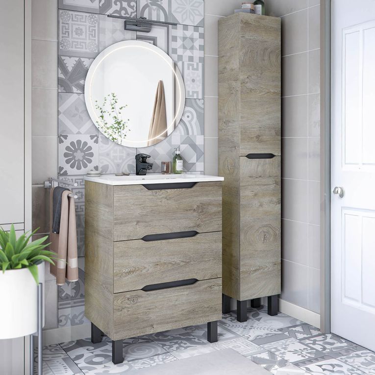 Set Mobili Bagno Marrone Rovere Grigio Nero Antracite 3 Cassetti 3 Ripiani, 2 Ante - Caleta