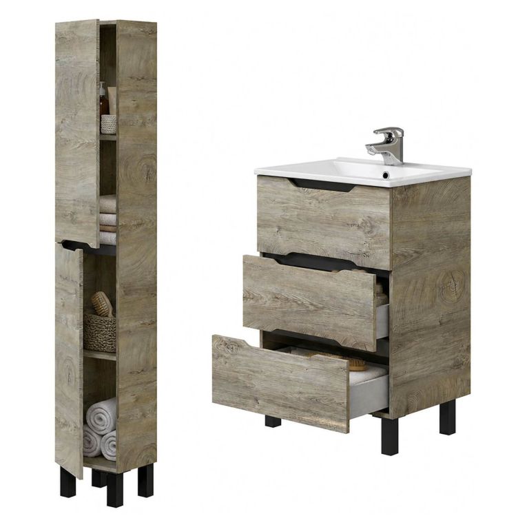 Set Mobili Bagno Marrone Rovere Grigio Nero Antracite 3 Cassetti 3 Ripiani, 2 Ante - Caleta