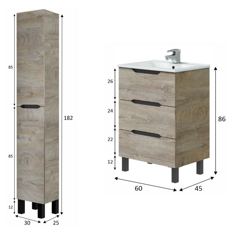 Set Mobili Bagno Marrone Rovere Grigio Nero Antracite 3 Cassetti 3 Ripiani, 2 Ante - Caleta