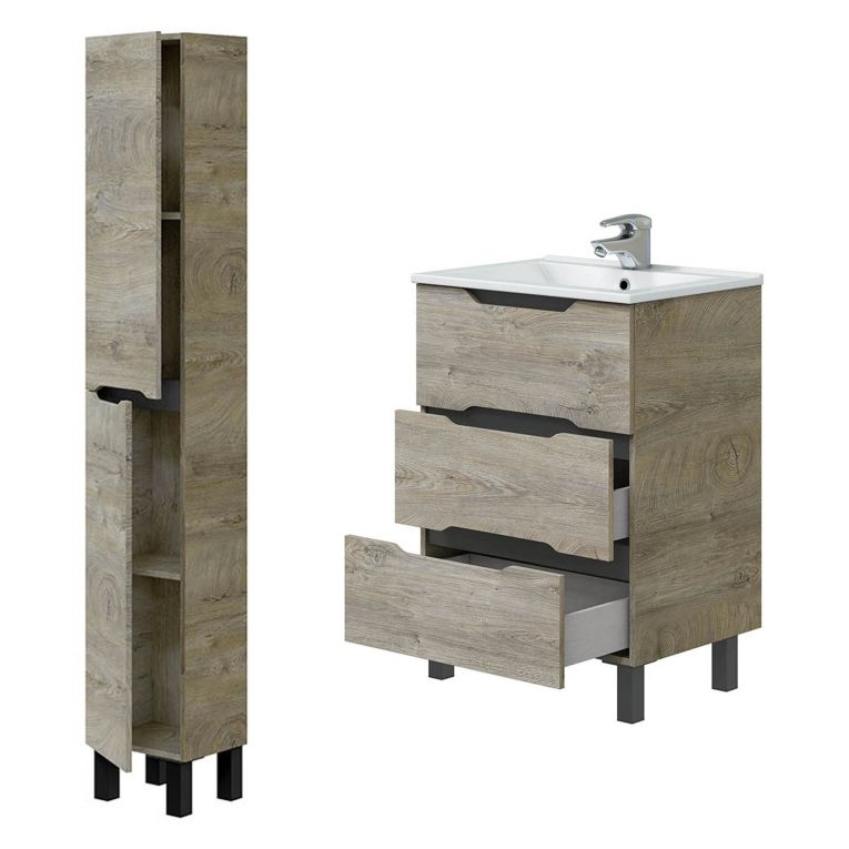 Set Mobili Bagno Marrone Rovere Grigio Nero Antracite 3 Cassetti 3 Ripiani, 2 Ante - Caleta