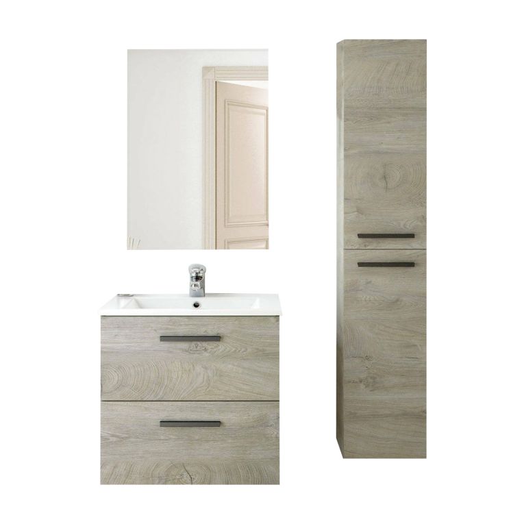 Set Mobili Bagno Marrone Rovere Specchio Incluso 2 Cassetti, 2 Ripiani - Martesana