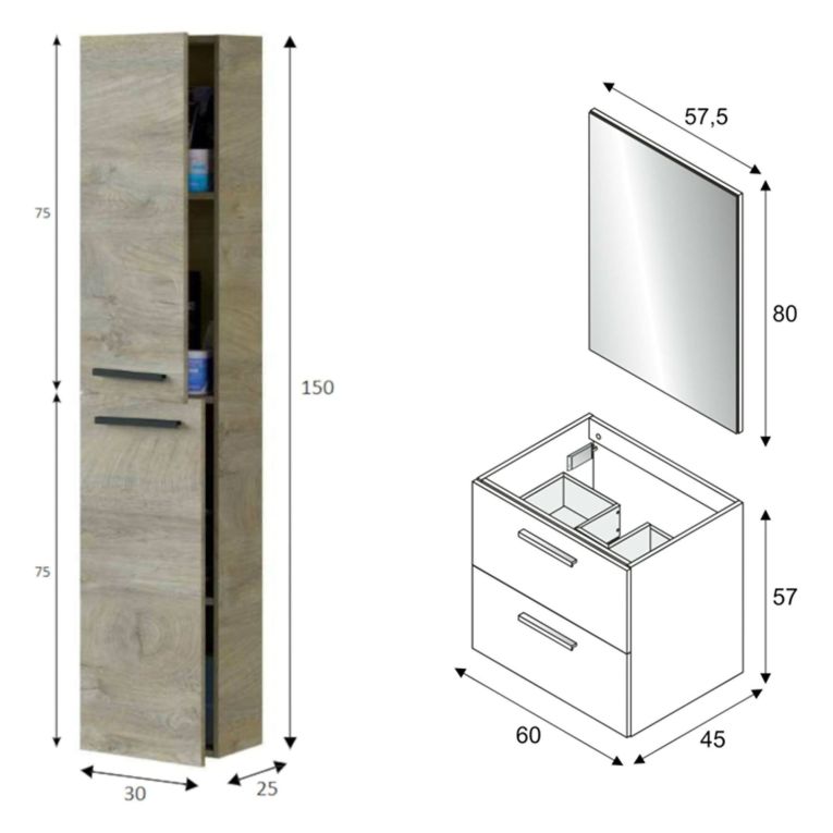 Set Mobili Bagno Marrone Rovere Specchio Incluso 2 Cassetti, 2 Ripiani - Martesana
