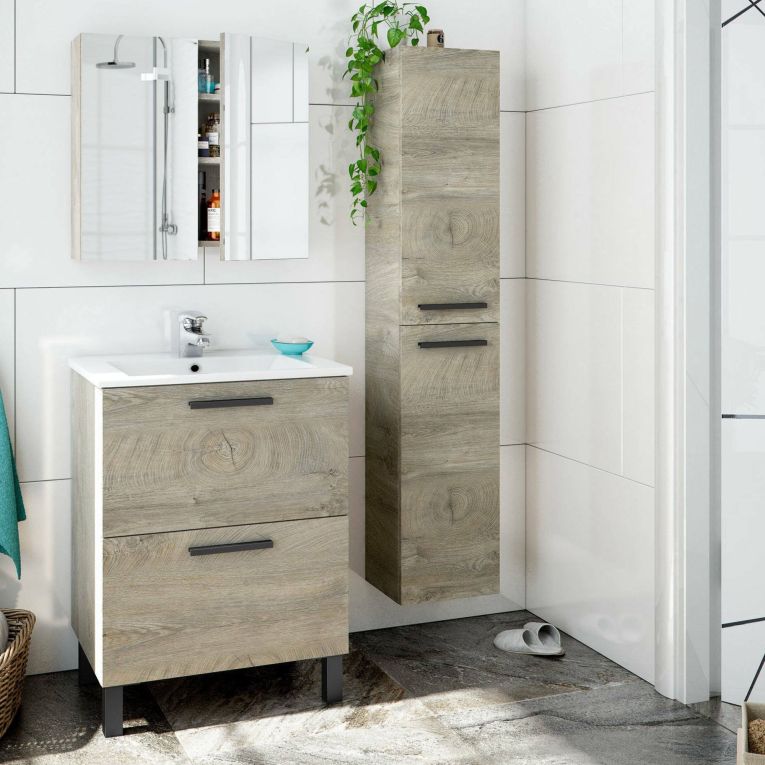 Set Mobili Bagno Marrone Rovere Specchio Incluso 2 Cassetti, 2 Ripiani - Martesana