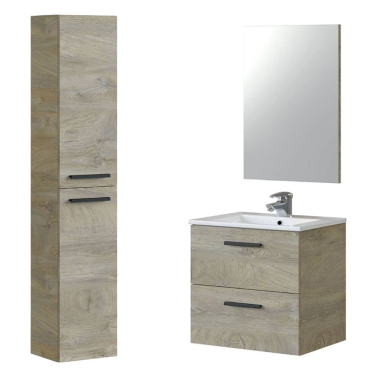 Set Mobili Bagno Marrone Rovere Specchio Incluso 2 Cassetti, 2 Ripiani - Martesana