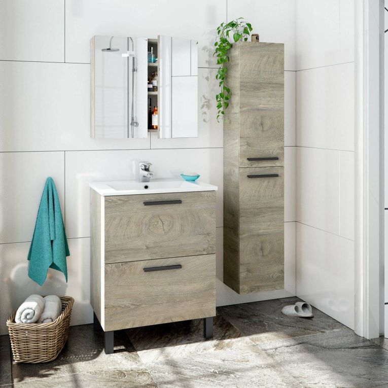 Set Mobili Bagno Marrone Rovere Specchio Incluso 2 Cassetti, 2 Ripiani - Somaglia