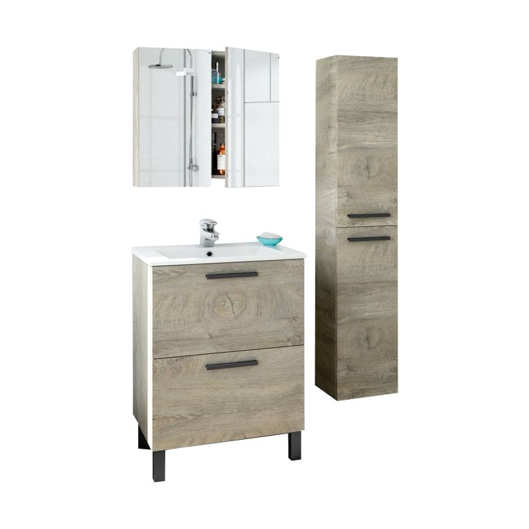 Set Mobili Bagno Marrone Rovere Specchio Incluso 2 Cassetti, 2 Ripiani - Somaglia
