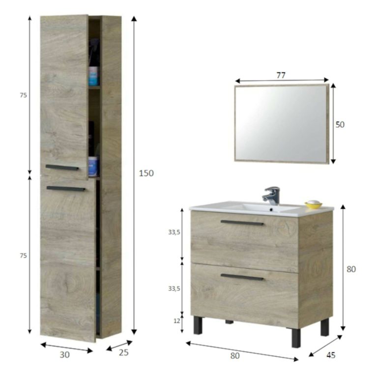 Set Mobili Bagno Marrone Rovere Specchio Incluso 2 Cassetti, 2 Ripiani - Somaglia