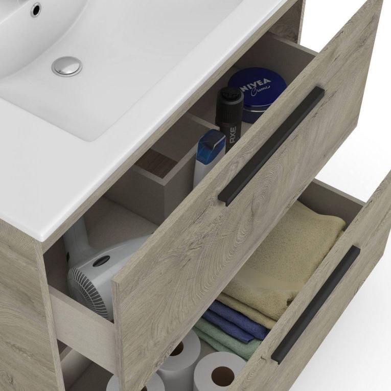 Set Mobili Bagno Marrone Rovere Specchio Incluso 2 Cassetti, 2 Ripiani - Somaglia